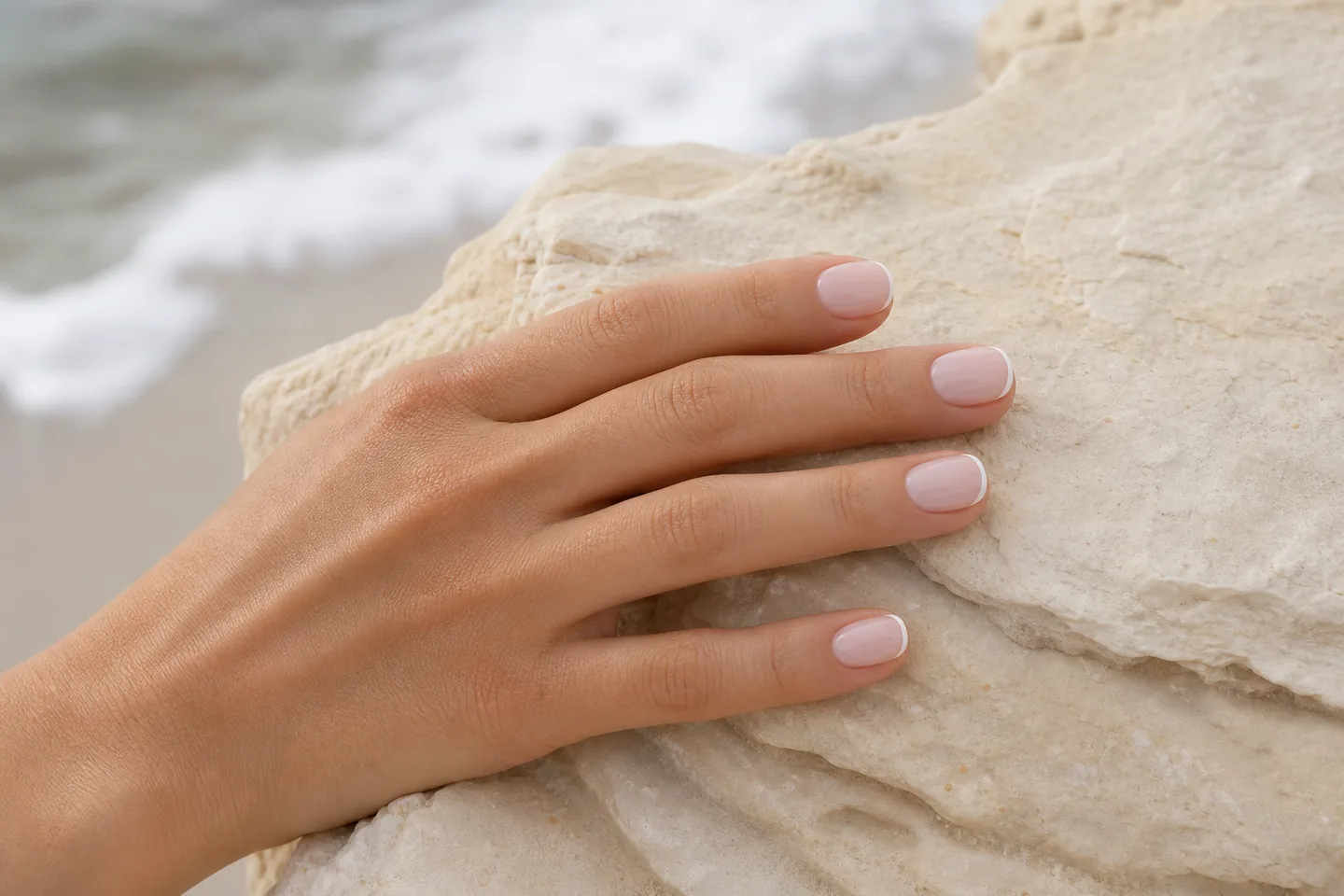 La Jolla-inspired coconut milk micro-French manicure on pale coastal stone