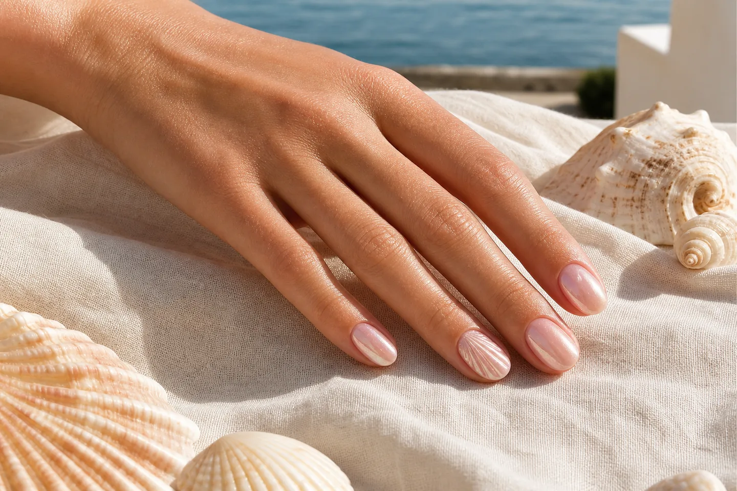 Malibu-inspired shell pearl manicure on a sunlit coastal terrace