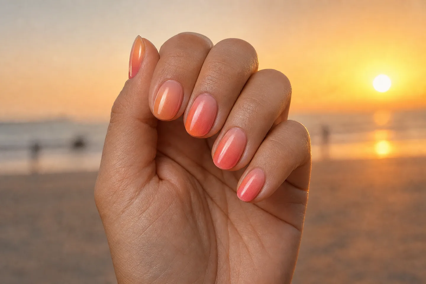 Santa Monica-inspired apricot and coral jelly gradient nails at sunset