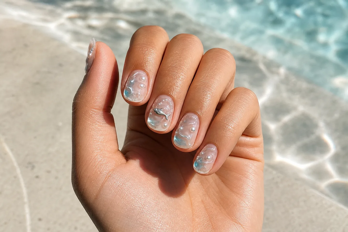Venice Beach-inspired clear aquatic nails with raised ripples, pearls, and a tiny silver fish